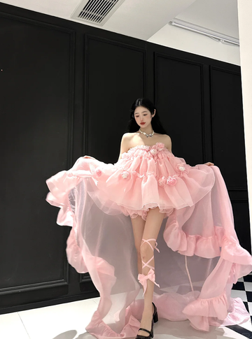 Cute A Line Strapless Floral Pink Organza Long Sweep Prom Dress Party Dress HZ1023